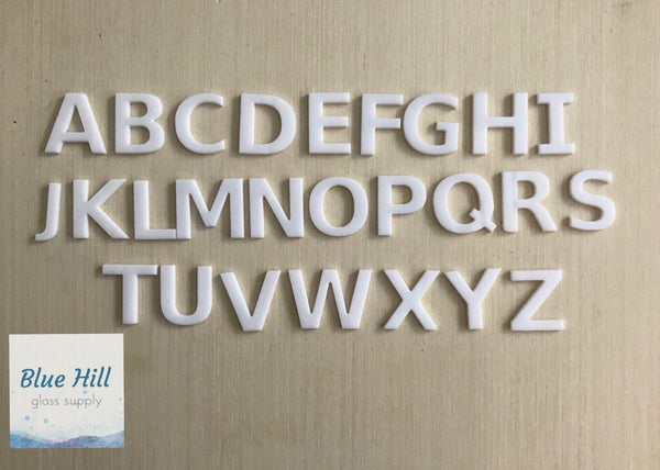 WHITE 90 COE 1β 2 " 3" Precut Glass Letters - Fusible Bullseye Glass - Kiln Fusible Glass - Glass for Crafters - Glass Art - Mosaic Art