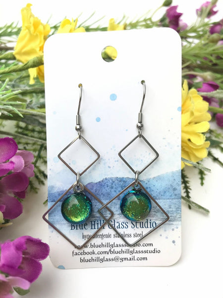 Double Diamond Sparkly Dichroic Fused Glass Earrings - Geometric Dangle