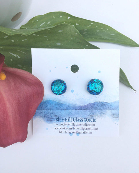 Cobalt Blue Dichroic Fused Glass Earrings - Hypoallergenic Titanium