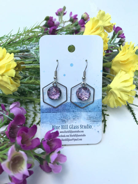 Hexagon Dichroic Fused Glass Earrings - Geometric Dangle - Gift for Her - Gift for a Friend - Modern Simple Lightweight - Blue - Baby Blue