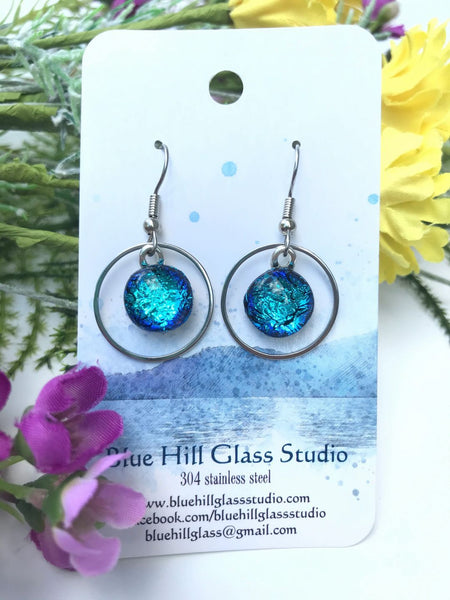 Circle Geometric Dichroic Fused Glass Drop Earrings - Gift for Her - Gift for a Friend - Simple Lightweight - Blue - Green - Pink