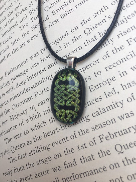Celtic Dichroic Fused Glass Pendant with Black Cord Necklace