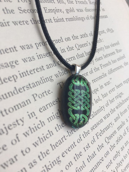 Celtic Dichroic Fused Glass Pendant with Black Cord Necklace