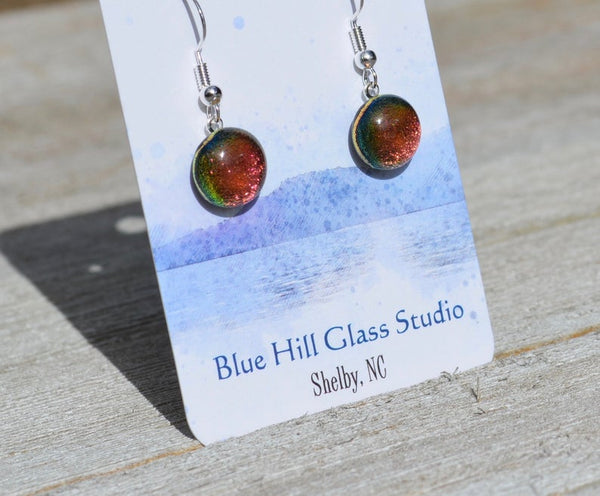 Rose Gold Pink Dichroic Fused Glass Dangle Earrings - Hypoallergenic - Gift for Her - Glittery Lightweight Simple Earrings - Bridesmaid