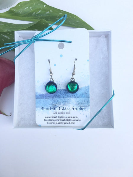 Emerald Green Dichroic Fused Glass Dangle earrings