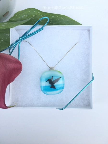Hummingbird Fused Glass Necklace in Sterling Silver - Gift for Her - Mother’s Day Gift- Hummingbird Lover Gift - Blue and Green