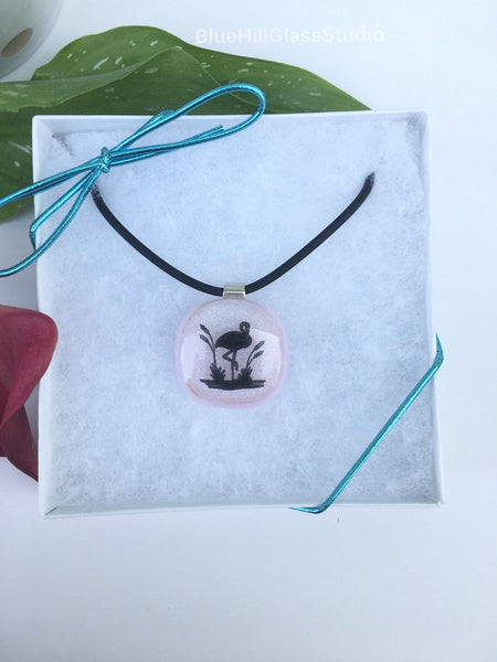 Pink Flamingo Fused Glass Necklace in Sterling Silver - Gift for Her - Mother’s Day Gift- Sparkly Glitter Pink - Gift for Mom - Birthday