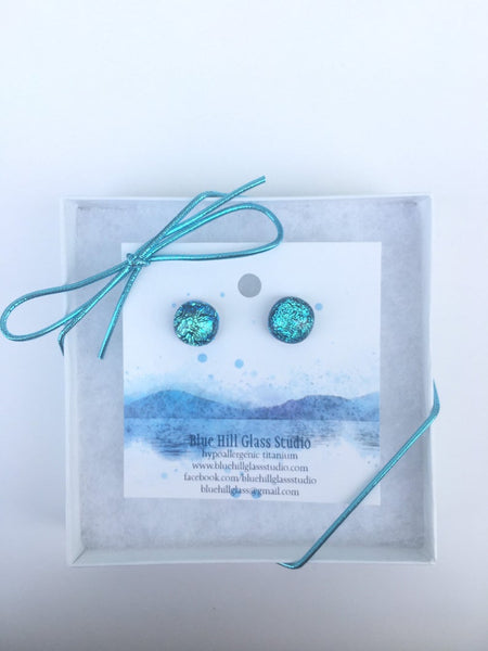 Brilliant Blue Sparkly Dichroic Fused Glass Stud Earrings - Hypoallergenic Titanium Posts