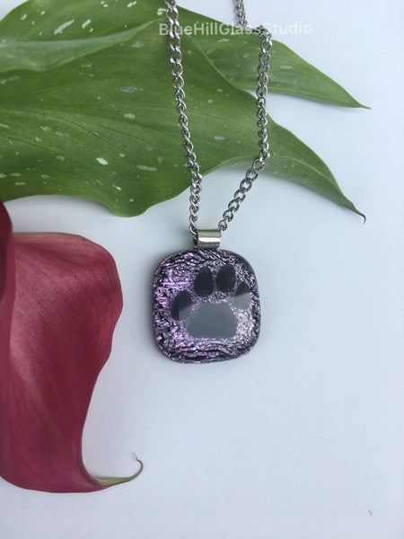 Purple Dog Paw Dichroic Fused Glass Necklace in Sterling Silver and Stainless Steel - Gift for Her - Motherās Day Gift- Dog Mom Gift