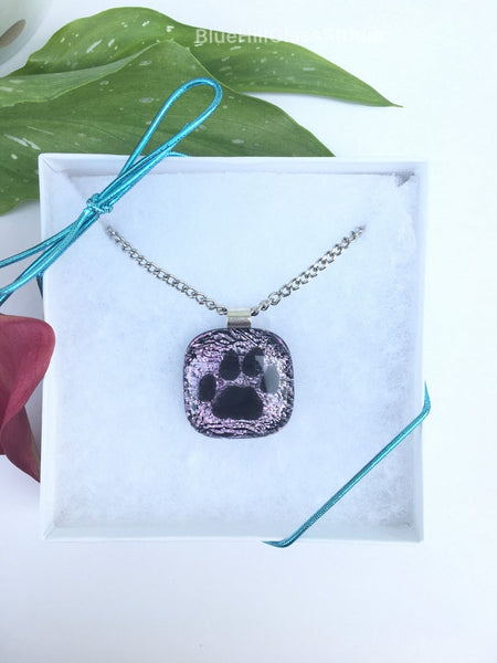 Purple Dog Paw Dichroic Fused Glass Necklace in Sterling Silver and Stainless Steel - Gift for Her - Motherās Day Gift- Dog Mom Gift
