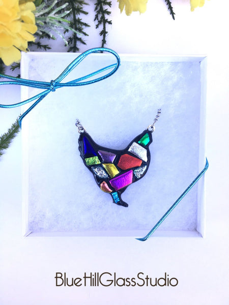 Chicken Dichroic Fused Glass Pendant with Stainless Steel Necklace