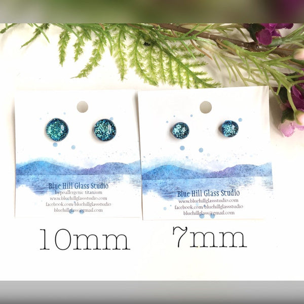 Brilliant Blue Sparkly Dichroic Fused Glass Stud Earrings - Hypoallergenic Titanium Posts