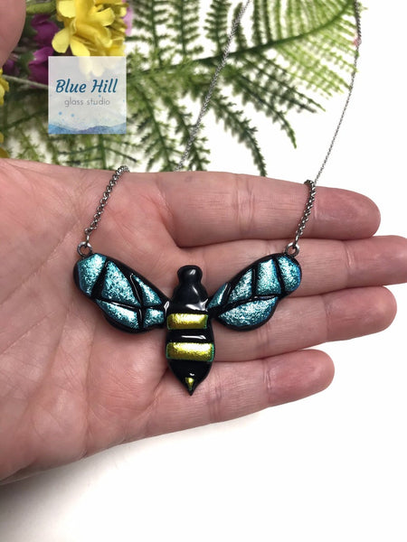 Bee Dichroic Fused Glass Pendant with Stainless Steel Necklace