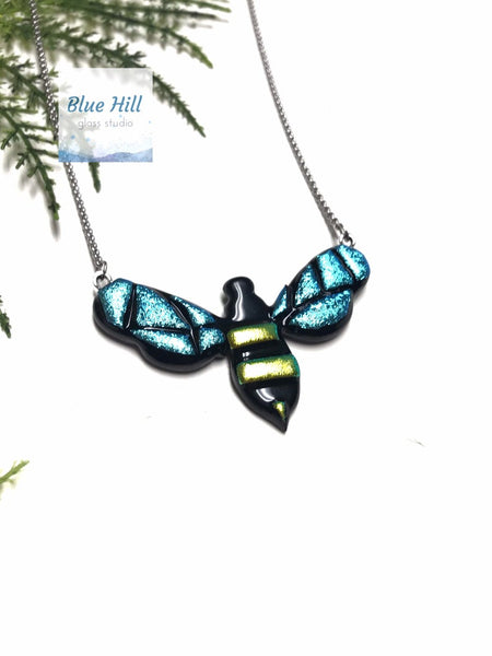 Bee Dichroic Fused Glass Pendant with Stainless Steel Necklace