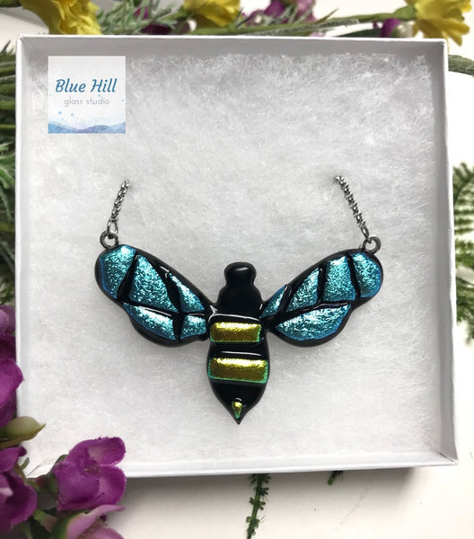 Bee Dichroic Fused Glass Pendant with Stainless Steel Necklace