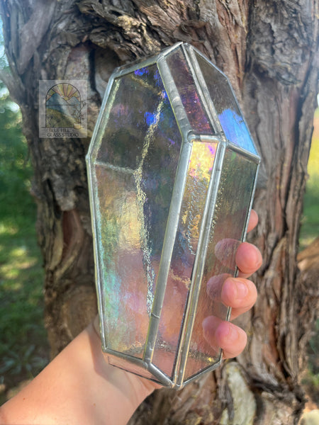 Clear Iridescent Coffin Stained Glass Box - 3D Jewelry Box - Halloween Display