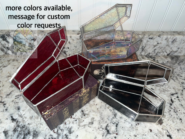 Clear Iridescent Coffin Stained Glass Box - 3D Jewelry Box - Halloween Display