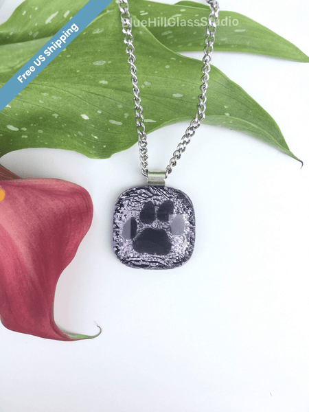 Purple Dog Paw Dichroic Fused Glass Necklace in Sterling Silver and Stainless Steel - Gift for Her - Motherās Day Gift- Dog Mom Gift