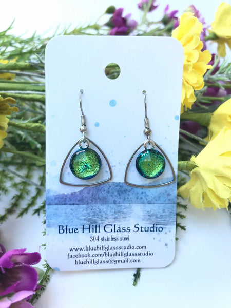 Triangle Geometric Dichroic Fused Glass Drop Earrings - Gift for Her - Gift for a Friend - Simple Lightweight - Blue - Green - Purple - Pink