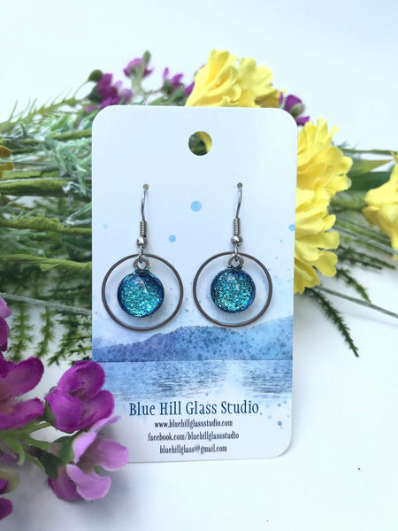 Circle Geometric Dichroic Fused Glass Drop Earrings - Gift for Her - Gift for a Friend - Simple Lightweight - Blue - Green - Pink