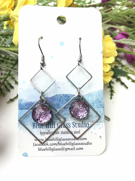 Double Diamond Sparkly Dichroic Fused Glass Earrings - Geometric Dangle