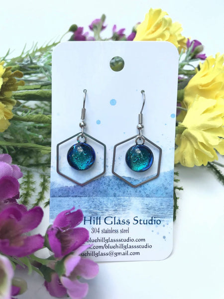 Hexagon Dichroic Fused Glass Earrings - Geometric Dangle - Gift for Her - Gift for a Friend - Modern Simple Lightweight - Blue - Baby Blue