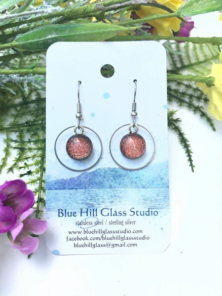 Circle Geometric Dichroic Fused Glass Drop Earrings - Gift for Her - Gift for a Friend - Simple Lightweight - Blue - Green - Pink