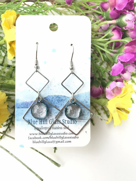 Double Diamond Sparkly Dichroic Fused Glass Earrings - Geometric Dangle