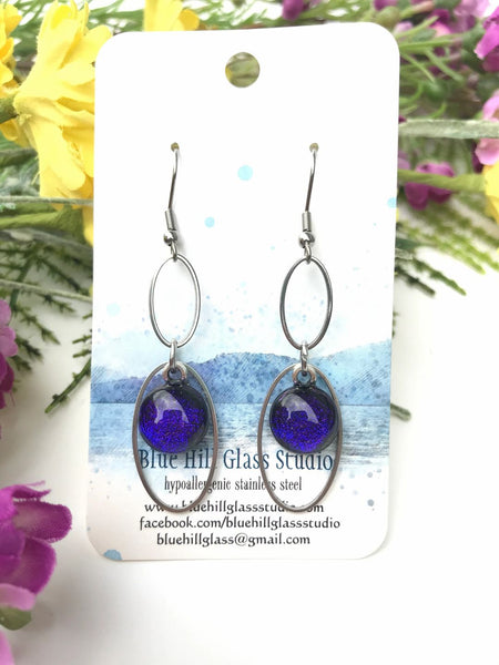 Double Oval Dichroic Fused Glass Earrings - Geometric Dangle - Gift for Her - Gift for Friend - Modern Simple Lightweight