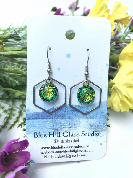 Hexagon Dichroic Fused Glass Earrings - Geometric Dangle - Gift for Her - Gift for a Friend - Modern Simple Lightweight - Blue - Baby Blue