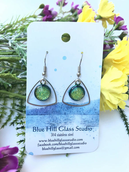Triangle Geometric Dichroic Fused Glass Drop Earrings - Gift for Her - Gift for a Friend - Simple Lightweight - Blue - Green - Purple - Pink
