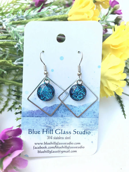 Diamond Dichroic Fused Glass Drop Earrings - Geometric Dangle