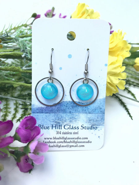 Circle Geometric Dichroic Fused Glass Drop Earrings - Gift for Her - Gift for a Friend - Simple Lightweight - Blue - Green - Pink