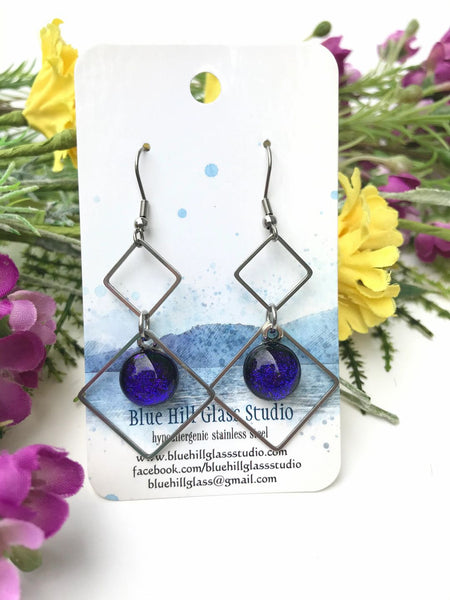Double Diamond Sparkly Dichroic Fused Glass Earrings - Geometric Dangle