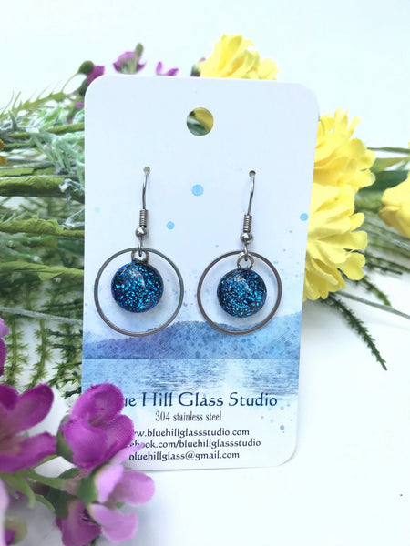 Circle Geometric Dichroic Fused Glass Drop Earrings - Gift for Her - Gift for a Friend - Simple Lightweight - Blue - Green - Pink