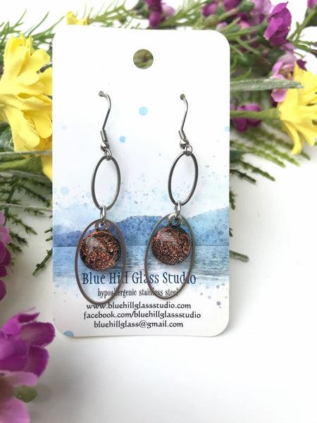 Sparkly Oval Dichroic Fused Glass Earrings - Geometric Dangle - Gift for Her - Gift for a Friend - Modern Simple Lightweight