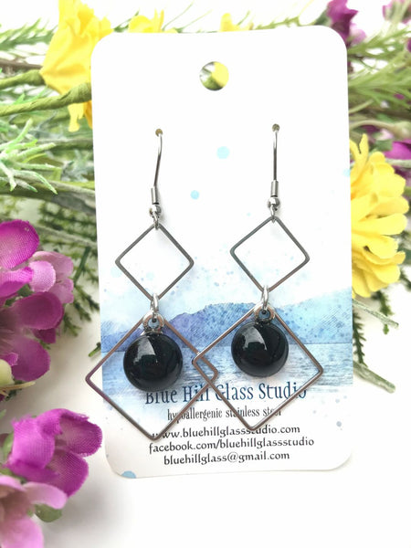 Double Diamond Sparkly Dichroic Fused Glass Earrings - Geometric Dangle