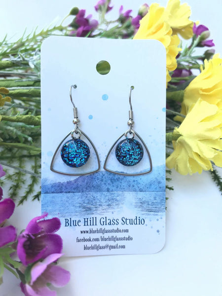Triangle Geometric Dichroic Fused Glass Drop Earrings - Gift for Her - Gift for a Friend - Simple Lightweight - Blue - Green - Purple - Pink