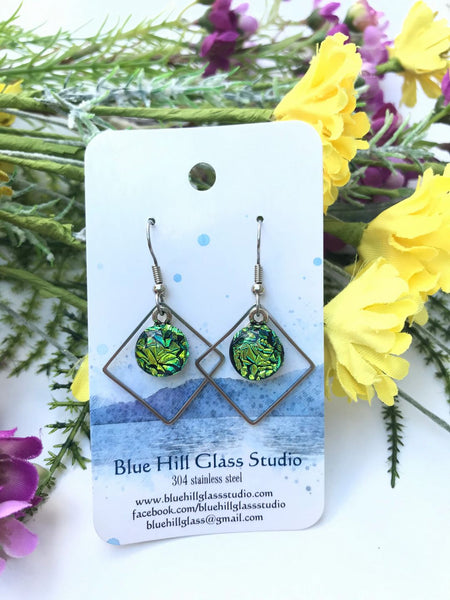 Diamond Dichroic Fused Glass Drop Earrings - Geometric Dangle