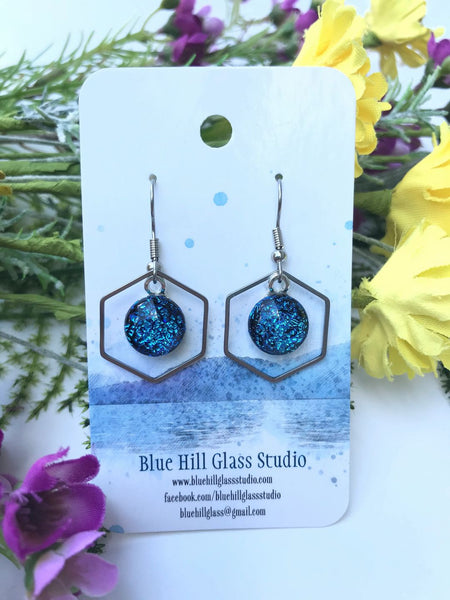 Hexagon Dichroic Fused Glass Earrings - Geometric Dangle - Gift for Her - Gift for a Friend - Modern Simple Lightweight - Blue - Baby Blue