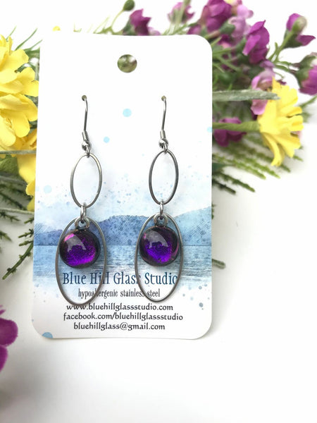 Sparkly Oval Dichroic Fused Glass Earrings - Geometric Dangle - Gift for Her - Gift for a Friend - Modern Simple Lightweight