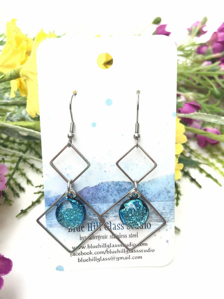 Double Diamond Sparkly Dichroic Fused Glass Earrings - Geometric Dangle