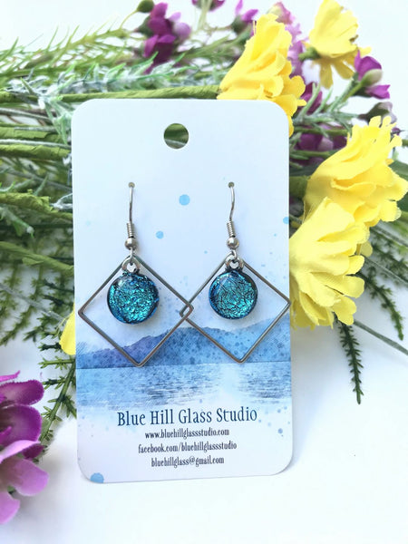 Diamond Dichroic Fused Glass Drop Earrings - Geometric Dangle