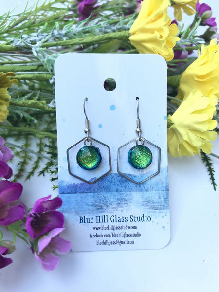 Hexagon Dichroic Fused Glass Earrings - Geometric Dangle - Gift for Her - Gift for a Friend - Modern Simple Lightweight - Blue - Baby Blue