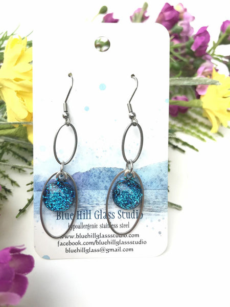 Double Oval Dichroic Fused Glass Earrings - Geometric Dangle - Gift for Her - Gift for Friend - Modern Simple Lightweight