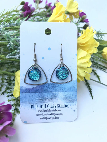 Triangle Geometric Dichroic Fused Glass Drop Earrings - Gift for Her - Gift for a Friend - Simple Lightweight - Blue - Green - Purple - Pink
