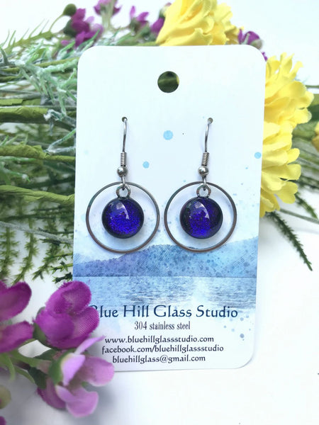 Circle Geometric Dichroic Fused Glass Drop Earrings - Gift for Her - Gift for a Friend - Simple Lightweight - Blue - Green - Pink