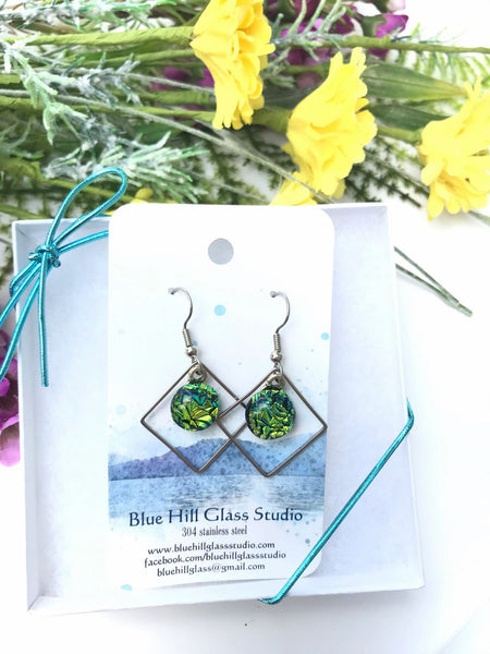 Diamond Dichroic Fused Glass Drop Earrings - Geometric Dangle