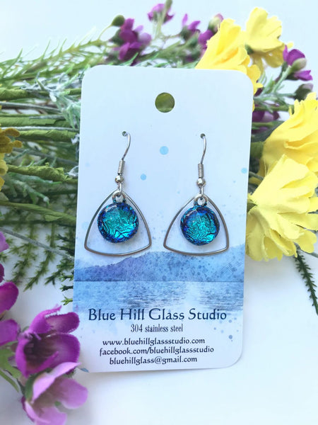 Triangle Geometric Dichroic Fused Glass Drop Earrings - Gift for Her - Gift for a Friend - Simple Lightweight - Blue - Green - Purple - Pink