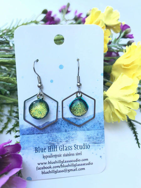 Hexagon Dichroic Fused Glass Earrings - Geometric Dangle - Gift for Her - Gift for a Friend - Modern Simple Lightweight - Blue - Baby Blue